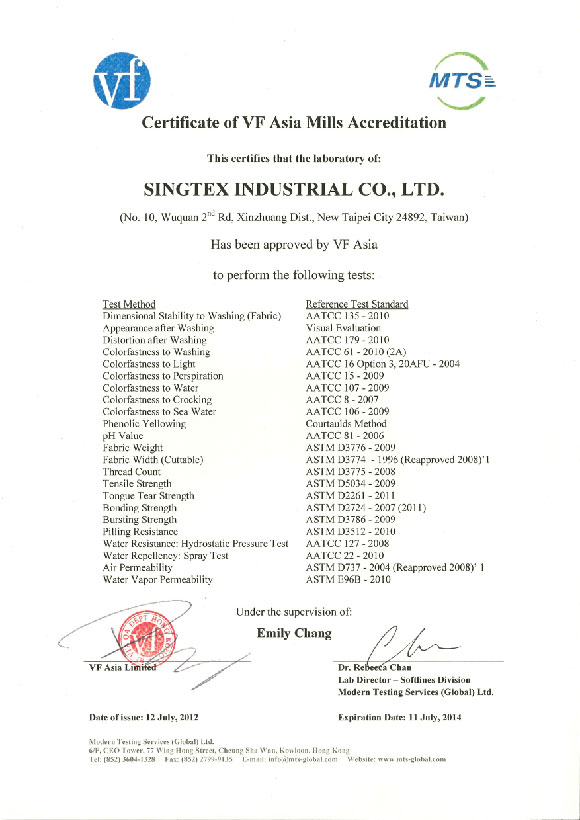 Certificate of VF Asia Mills Accreditation