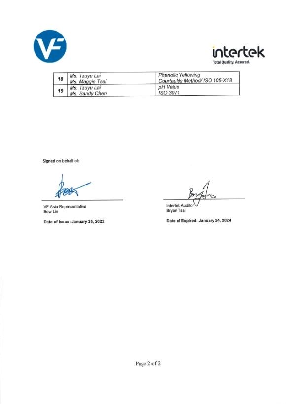 VF Supplier In House Laboratory Certificate